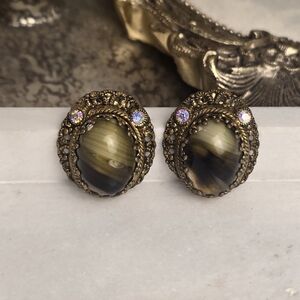 WEST GERMANY Signed Vintage Porphyry Glass Cabochon, Filigree Clip On Earrings.